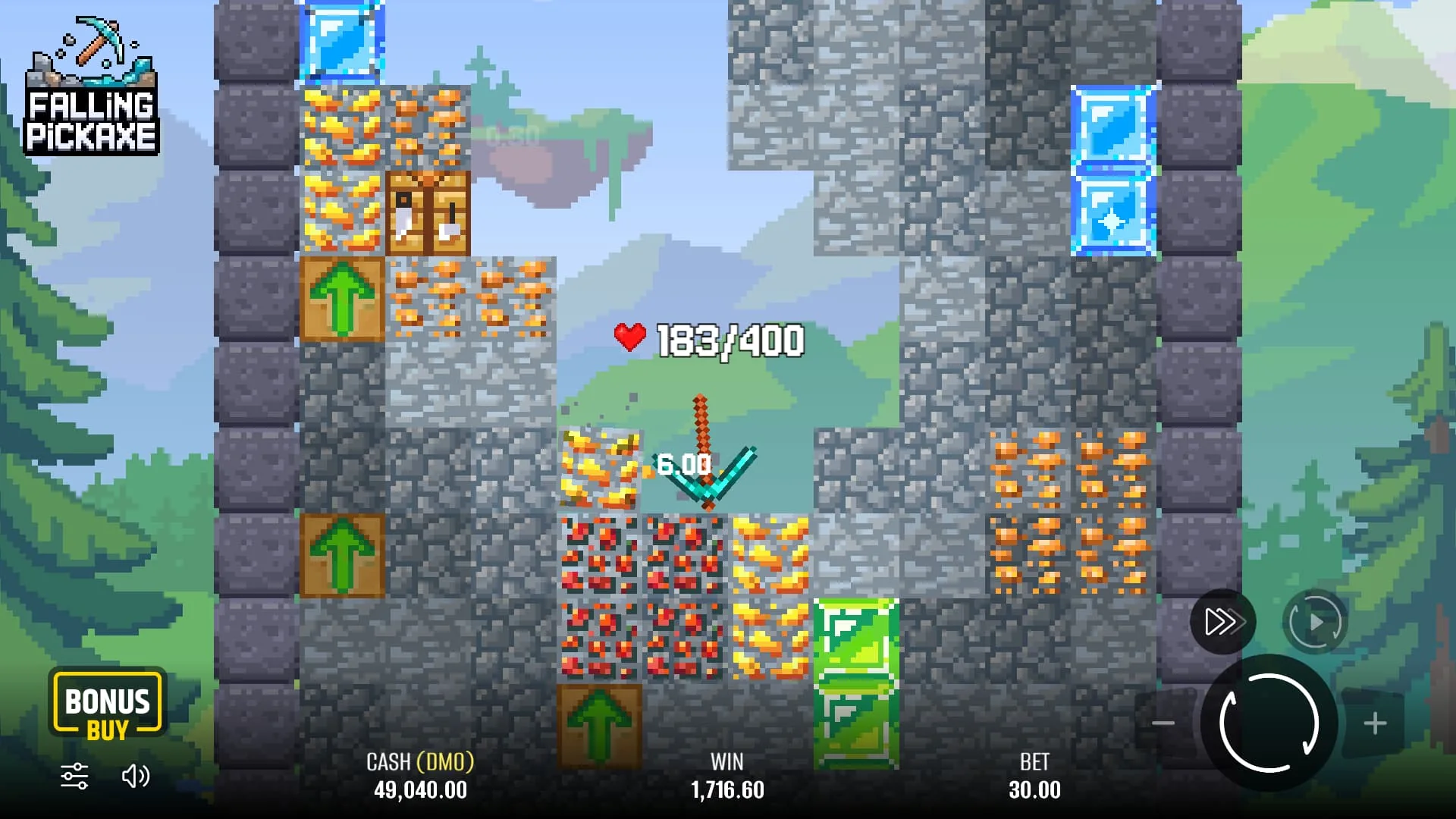 Tablero de Falling Pickaxe con minerales, TNT y pico de diamante Tablero de Falling Pickaxe con minerales, TNT y pico de diamante